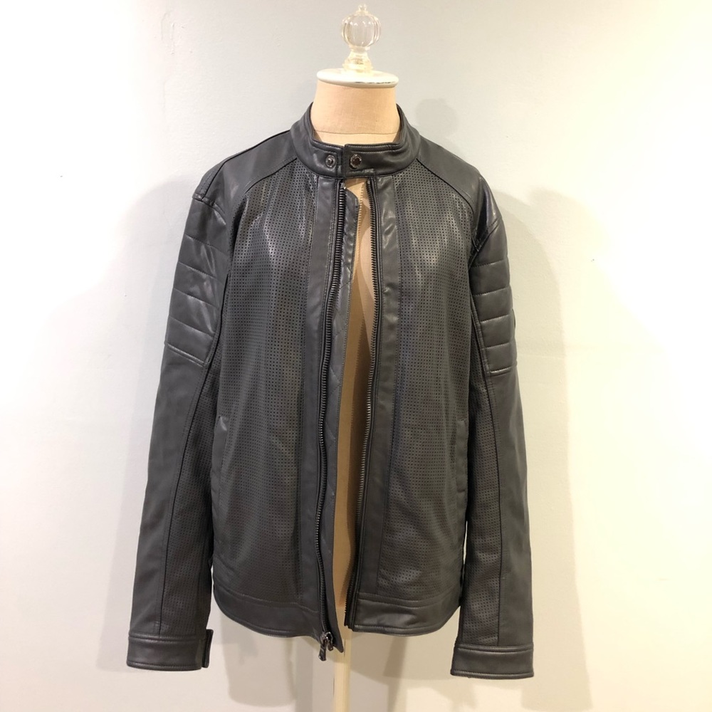Men's Perforated Gray Faux Leather Biker Jacket